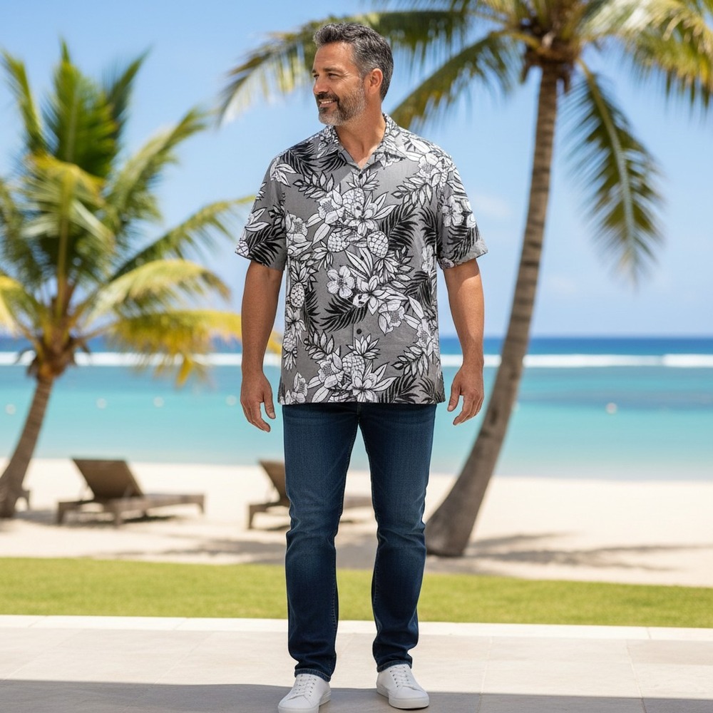 Tommy Bahama IslandZone Mens 3XLB Grey Floral Pineapple Aloha Shirt Big & Tall
